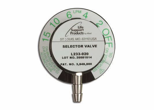 Accutron 35016, Oxygen Liter-flow Selector Valve without Bracket (0-15 lpm) with O2 Q/C and O2 Barb Fitting